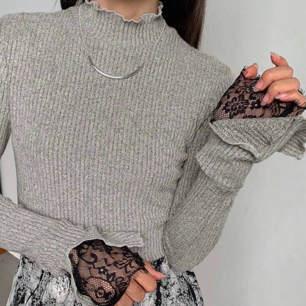 Gray Ribbed Sweater with Black Lace Details